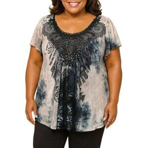 OneWorld Live And Let Live Plus Size 2X Top Tunic Lace Detail Tie-Dye Scoop Neck